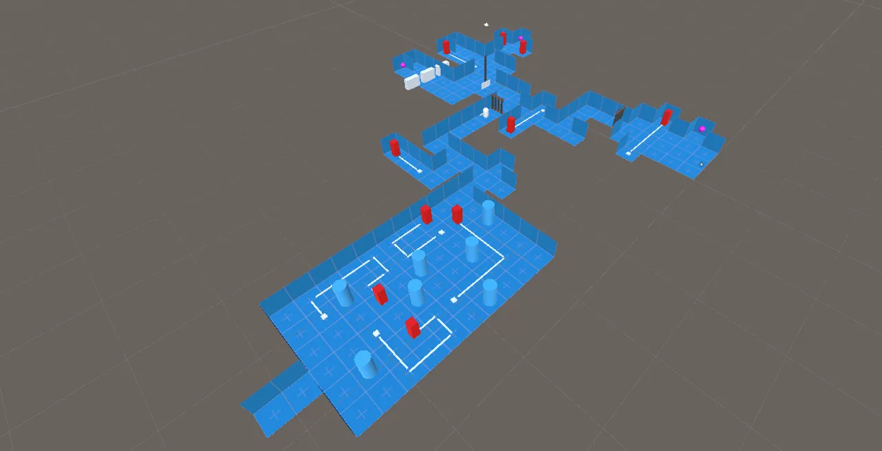 Blockout environment showing rudimentary NPC pathing and obstacles